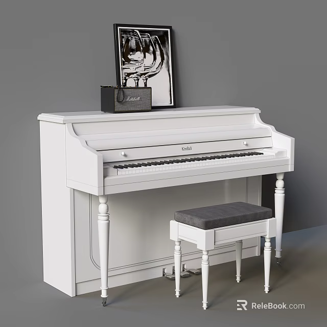 White Piano With Gray Cushion Stool And Black Art Supplies Box Wall Artwork 3d model 