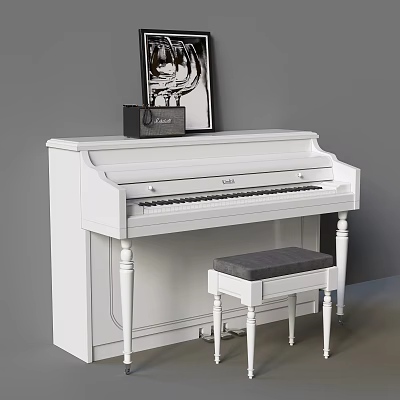 White Piano With Gray Cushion Stool And Black Art Supplies Box Wall Artwork 3d model