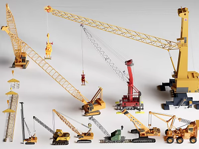 Different Types Of Construction Cranes As Functional Lifting Equipment With Boom Structures And Designs 3d model