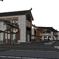 Traditional Chinese Commercial Street With Ancient Architecture Wooden Structure Water Pool And Street Seating Reflection