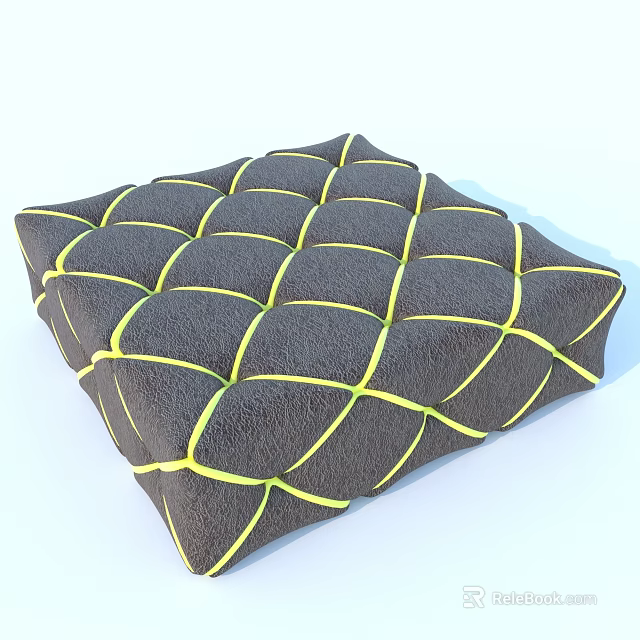 Dark Gray Woven Stool Cushion With Yellow Stitching And Grid Pattern Design 3d model 