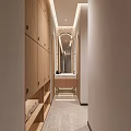 Modern Reception Interior With Wooden Desk Decorative Wall Circular Lighting And Plants