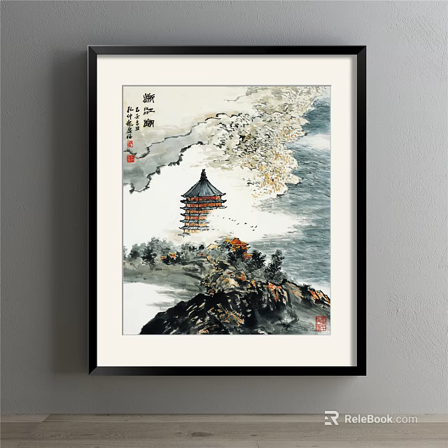 Traditional Chinese Landscape Painting With Pagoda Mountains Waves And Flying Birds 3d model 