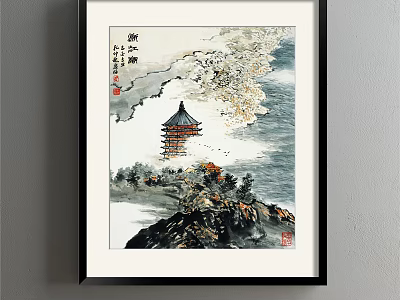 Traditional Chinese Landscape Painting With Pagoda Mountains Waves And Flying Birds 3d model