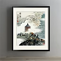 Traditional Chinese Landscape Painting With Pagoda Mountains Waves And Flying Birds