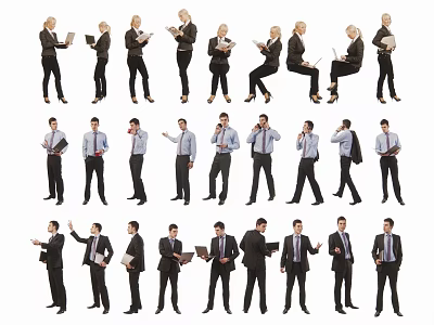 Business People In Formal Attire With Various Poses Holding Documents And Laptops 3d model
