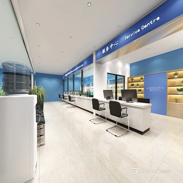 Service Center Store Interior With Blue Walls White Counter Computers Chairs And Plants 3d model 