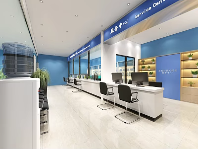 Service Center Store Interior With Blue Walls White Counter Computers Chairs And Plants 3d model