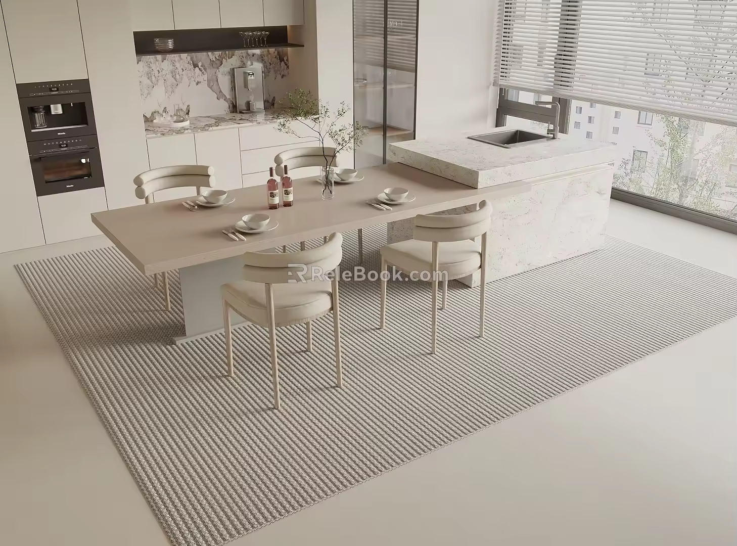 Modern Nakajima Table and Chair Combination Sideboard Venetian Blinds 3d model