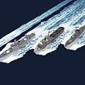 Modern High Speed Warship Sailing on Open Sea with Waves and Water Splashes