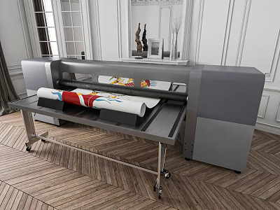 Industrial Printer Printing Colorful Fabric Patterns In White Wall Room With Wooden Floor And Windows 3d model