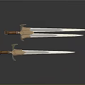 Two Metallic Trident and Sword Weapons with Brown Handles Golden Accents Gray Background Reflections