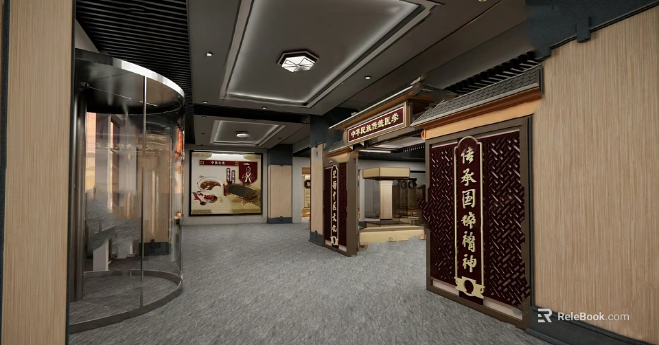 Traditional Chinese Cultural Exhibition Hall Interior With Wooden Doors And Calligraphy Plaques 3d model 