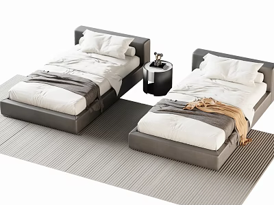 Elegant Single Bed Interior With Gray Upholstered Headboard White Mattress And Bedside Table 3d model