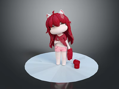 Cute Child Cartoon Character With Red Hair Cat Ears Pink Shorts And Red Cube 3d model