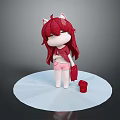 Cute Child Cartoon Character With Red Hair Cat Ears Pink Shorts And Red Cube