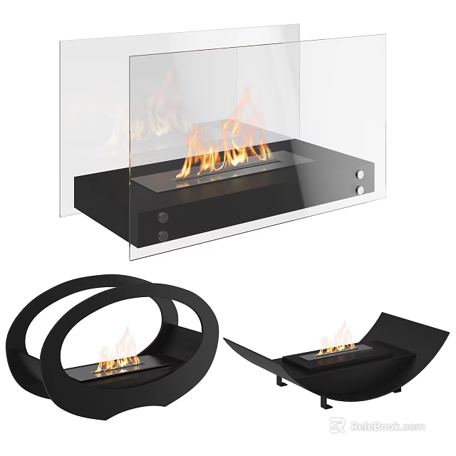 Modern Fireplace Designs With Glass Panels And Visible Flames In Various Shapes 3d model 