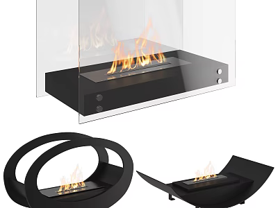 Modern Fireplace Designs With Glass Panels And Visible Flames In Various Shapes 3d model