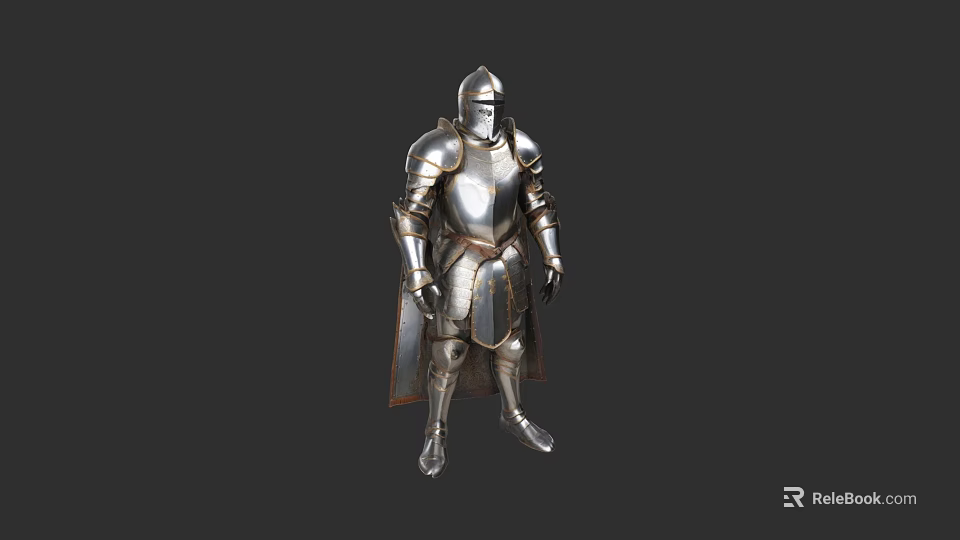 Game Movie Character in Shiny Silver Armor with Helmet Chest Plate Leg Guards and Cloak 3d model 