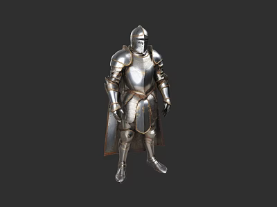 Game Movie Character in Shiny Silver Armor with Helmet Chest Plate Leg Guards and Cloak 3d model