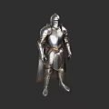 Game Movie Character in Shiny Silver Armor with Helmet Chest Plate Leg Guards and Cloak