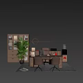 Modern Office Desk With Beige Chairs Computer Monitor Files Printer Green Plant And Circular Pendant Light