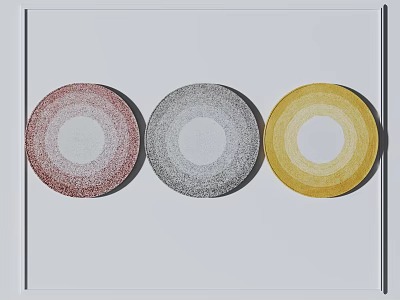 Three Round Rugs Featuring Red Gray Yellow Hues And White Central Designs 3d model