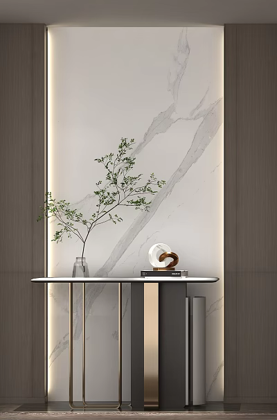 Entryway Hallway Design With Marble Wall Green Plant Console Table And Decorative Lighting 3d model