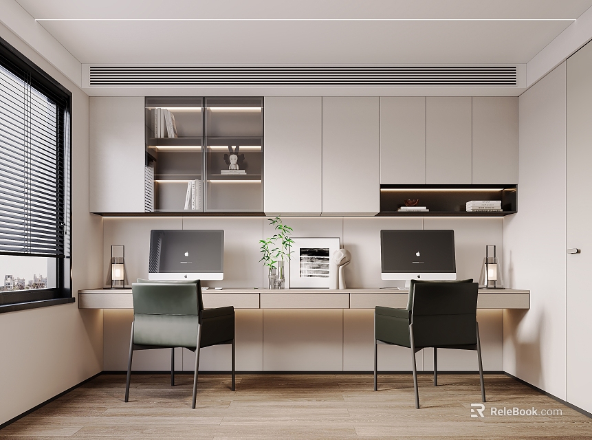 Modern Study Room Interior With Two Computers Chairs And Cabinets 3d model 
