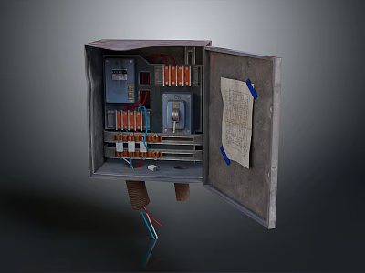 Open Electrical Distribution Box With Circuit Breakers Wiring Components and Labeled Diagram 3d model