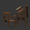 Antique Wooden Desk And Chair With Carved Details Books Balance Scales Scrolls And Upholstered Seat