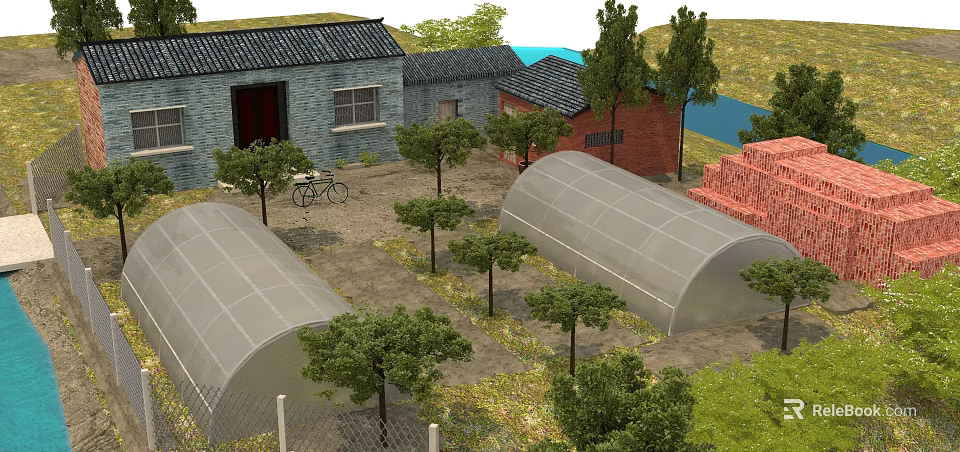 Rural Garden Landscape with Brick Houses Young Trees Plastic Greenhouses and Bicycle 3d model 
