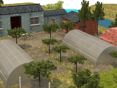 Rural Garden Landscape with Brick Houses Young Trees Plastic Greenhouses and Bicycle 3d model