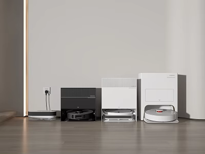 Modern Household Electrical Appliances Arranged On Wooden Floor In Interior 3d model