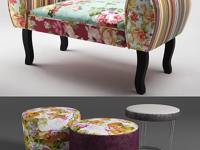 Colorful Floral Upholstered Footstool With Decorative Patterns For Home Decor 3d model