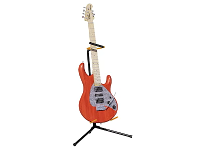 Red Electric Guitar With Wooden Body On Black Stand For Musical 3d model
