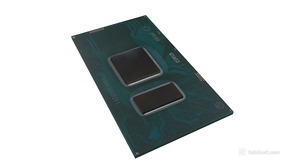 Intel Core Processor Chip With Dual Black Core Modules On Green Circuit Board 3d model 