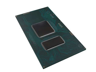 Intel Core Processor Chip With Dual Black Core Modules On Green Circuit Board 3d model