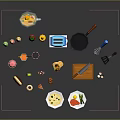 Household Kitchen Essentials Including Bottles Toaster Frying Pan Whisk Knife Cutting Board And Food Items
