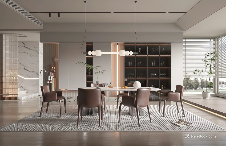 Modern Restaurant Interior With Rectangular Dining Table Leather Chairs Pendant Lights And Wine Cabinets 3d model
