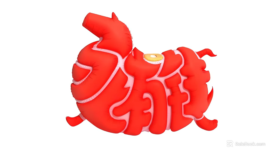 Red Inflatable Art Installation with Abstract Animal Shape White Lines and Yellow Circular Element 3d model 