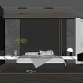 Modern Elegant Bedroom Interior With Gray Bed Black Headboard Wall Marble Pillars And Wooden Floor