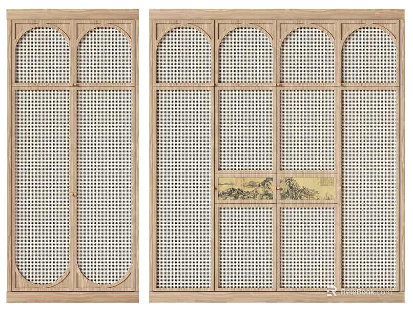 Wooden Wardrobe Doors With Arched Glass And Chinese Art Details 3d model 
