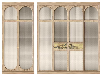 Wooden Wardrobe Doors With Arched Glass And Chinese Art Details 3d model