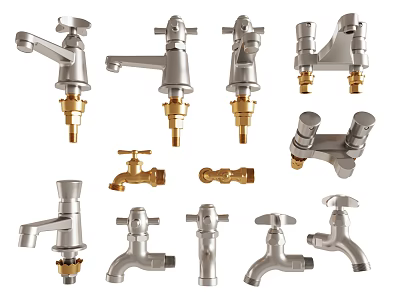 Different Styles of Water Faucets with Brass and Silver Finishes and Various Designs 3d model