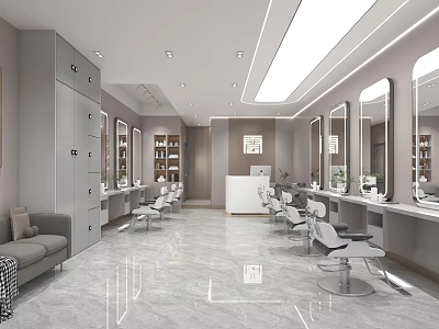 Modern Beauty Hair Salon Interior With Styling Chairs Mirrored Vanities And Marble Floor 3d model