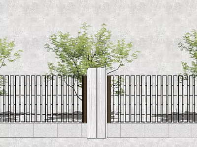 Modern Building Exterior Wall Design With Concrete Surface And Black Metal Fence Near Green Trees 3d model