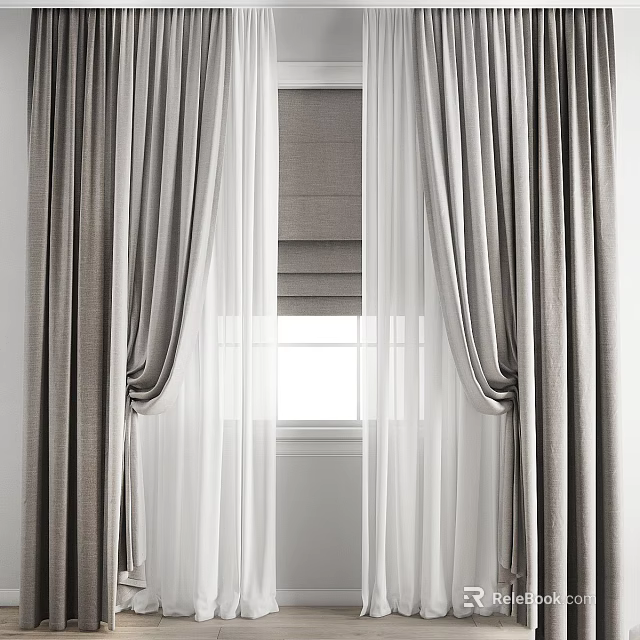 Elegant Gray and White Curtains with Sheer Panels and Window Blinds 3d model