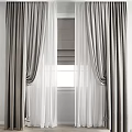 Elegant Gray and White Curtains with Sheer Panels and Window Blinds 3d model