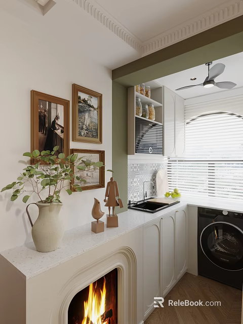 Bright White Kitchen Interior With Framed Paintings Green Plant White Countertop And Wooden Decor 3d model 